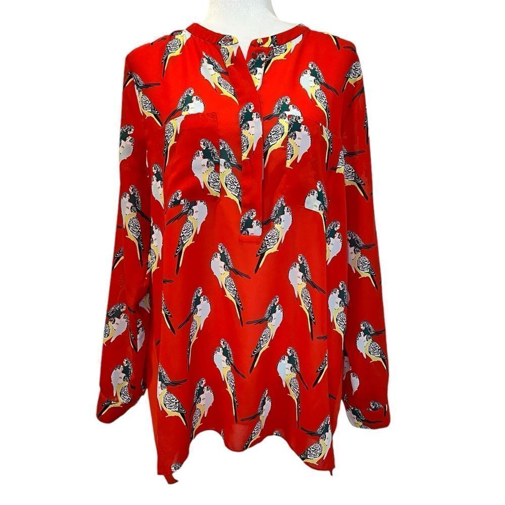 BANANA REPUBLIC Red Bird Print Long Sleeve Top Size Large